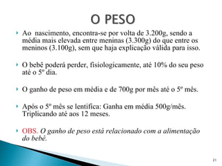 Ao  nascimento, encontra-se por volta de 3.200g, sendo a média mais elevada entre meninas (3.300g) do que entre os meninos (3.100g), sem que haja explicação válida para isso. O bebê poderá perder, fisiologicamente, até 10% do seu peso até o 5º dia. O ganho de peso em média e de 700g por mês até o 5º mês. Após o 5º mês se lentifica: Ganha em média 500g/mês. Triplicando até aos 12 meses. OBS.   O ganho de peso está relacionado com a alimentação do bebê. 