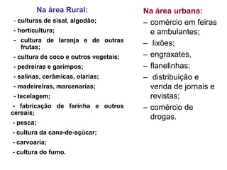 Na área Rural:              Na área urbana:
- culturas de sisal, algodão;          – comércio em feiras
- horticultura;                          e ambulantes;
- cultura de laranja e de outras
  frutas;
                                       – lixões;
- cultura de coco e outros vegetais;   – engraxates,
- pedreiras e garimpos;                – flanelinhas;
- salinas, cerâmicas, olarias;         – distribuição e
- madeireiras, marcenarias;              venda de jornais e
- tecelagem;                             revistas;
 - fabricação de farinha e outros      – comércio de
cereais;
                                         drogas.
- pesca;
- cultura da cana-de-açúcar;
- carvoaria;
- cultura do fumo.
 