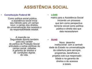 ASSISTÊNCIA SOCIAL
•   Constituição Federal 88               •    LOAS
       Como política social pública,           matriz para a Assistência Social
          a assistência social inicia                 iniciando um processo
         seu trânsito para um campo                que tem como perspectiva
         novo: o campo dos direitos,             torná-la visível como política
      da universalização dos acessos e
         da responsabilidade estatal.               pública e direito dos que
                                                         dela necessitarem

               A inserção na
        Seguridade aponta também          •    SUAS
               para seu caráter                          Novo desenho
       de política de Proteção Social             institucional com a centrali-
       articulada a outras políticas do
            campo social, voltadas            dade do Estado na universalização
            à garantia de direitos e             da cobertura para serviços,
             de condições dignas                   programas, benefícios e
                    de vida.                    projetos sob sua responsabi-
                                                    lidade e na garantia de
                                                      direitos e de acessos
                                                             a esses.
 
