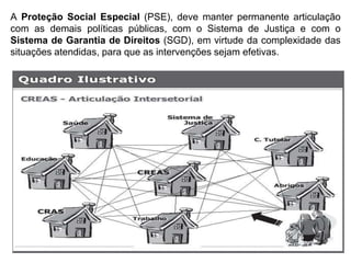 A Proteção Social Especial (PSE), deve manter permanente articulação
com as demais políticas públicas, com o Sistema de Justiça e com o
Sistema de Garantia de Direitos (SGD), em virtude da complexidade das
situações atendidas, para que as intervenções sejam efetivas.
 