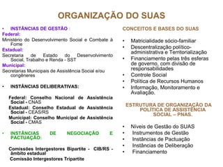 ORGANIZAÇÃO DO SUAS
• INSTÂNCIAS DE GESTÃO :                             CONCEITOS E BASES DO SUAS
Federal:
Ministério do Desenvolvimento Social e Combate à     •    Matricialidade sócio-familiar
    Fome
Estadual:
                                                     •    Descentralização político-
                                                          administrativa e Territorialização
Secretaria    de    Estado   do    Desenvolvimento
    Social, Trabalho e Renda - SST                   •    Financiamento pelas três esferas
Municipal:                                                de governo, com divisão de
Secretarias Municipais de Assistência Social e/ou         responsabilidades
    congêneres                                       •    Controle Social
                                                     •    Política de Recursos Humanos
•   INSTÂNCIAS DELIBERATIVAS:                        •    Informação, Monitoramento e
                                                          Avaliação.
    Federal: Conselho Nacional de Assistência
     Social - CNAS
                                                         ESTRUTURA DE ORGANIZAÇÃO DA
    Estadual: Conselho Estadual de Assistência               POLÍTICA DE ASSISTÊNCIA
     Social - CEAS/RS
                                                                  SOCIAL – PNAS.
    Municipal: Conselho Municipal de Assistência
     Social - CMAS
                                                     •    Níveis de Gestão do SUAS
•   INSTÂNCIAS       DE      NEGOCIAÇÃO         E    •    Instrumentos de Gestão
    PACTUAÇÃO:                                       •    Instâncias de Pactuação
                                                     •    Instâncias de Deliberação
    Comissões Intergestores Bipartite - CIB/RS -
     âmbito estadual                                 •    Financiamento
    Comissão Intergestores Tripartite
 