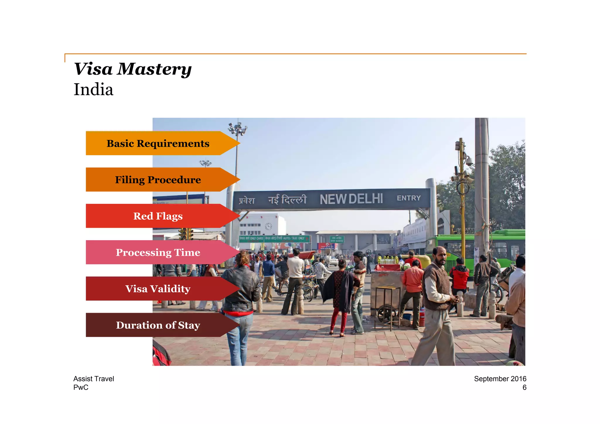 PwC
Visa Mastery
India
6
September 2016Assist Travel
Basic Requirements
Filing Procedure
Red Flags
Processing Time
Visa Validity
Duration of Stay
 