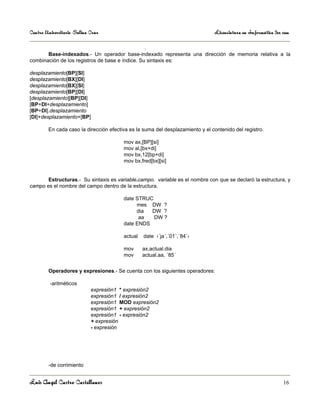 Centro Universitario Salina Cruz                                               Licenciatura en Informática 3er sem

                                                  .
       Base-indexados.- Un operador base-indexado representa una dirección de memoria relativa a la
combinación de los registros de base e índice. Su sintaxis es:

desplazamiento[BP][SI]
desplazamiento[BX][DI]
desplazamiento[BX][SI]
desplazamiento[BP][DI]
[desplazamiento][BP][DI]
[BP+DI+desplazamiento]
[BP+DI].desplazamiento
[DI]+desplazamiento+[BP]

        En cada caso la dirección efectiva es la suma del desplazamiento y el contenido del registro.

                                        mov ax,[BP][si]
                                        mov al,[bx+di]
                                        mov bx,12[bp+di]
                                        mov bx,fred[bx][si]


       Estructuras.- Su sintaxis es variable.campo. variable es el nombre con que se declaró la estructura, y
campo es el nombre del campo dentro de la estructura.

                                        date STRUC
                                             mes DW ?
                                             dia  DW ?
                                              aa   DW ?
                                        date ENDS

                                        actual   date ‹´ja´,´01´,´84´›

                                        mov      ax,actual.dia
                                        mov      actual.aa, ´85´


        Operadores y expresiones.- Se cuenta con los siguientes operadores:

         -aritméticos
                            expresión1 * expresión2
                            expresión1 / expresión2
                            expresión1 MOD expresión2
                            expresión1 + expresión2
                            expresión1 - expresión2
                            + expresión
                            - expresión




        -de corrimiento


Luis Angel Castro Castellanos                                                                                  16
 