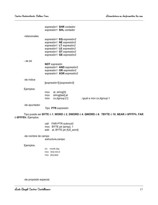 Centro Universitario Salina Cruz                                                 Licenciatura en Informática 3er sem

                                                        .
                            expresión1 SHR contador
                            expresión1 SHL contador

        -relacionales
                            expresión1      EQ expresión2
                            expresión1      NE expresión2
                            expresión1      LT expresión2
                            expresión1      LE expresión2
                            expresión1      GT expresión2
                            expresión1      GE expresión2

        - de bit
                            NOT expresión
                            expresión1 AND expresión2
                            expresión1 OR expresión2
                            expresión1 XOR expresión2

        -de índice
                            [expresión1] [expresión2]

        Ejemplos:
                            mov       al, string[3]
                            mov       string[last],al
                            mov       cx,dgroup:[1]         ; igual a mov cx,dgroup:1

        -de apuntador
                            Tipo PTR expresión

       Tipo puede ser BYTE ó 1, WORD ó 2, DWORD ó 4, QWORD ó 8, TBYTE ó 10, NEAR ó 0FFFFh, FAR
ó 0FFFEh. Ejemplos:

                            call FAR PTR subrout3
                            mov BYTE ptr [array], 1
                            add al, BYTE ptr [full_word]

        -de nombre de campo
                        estructura.campo

        Ejemplos:
                            inc    month.day
                            mov time.min,0
                            mov [bx].dest




        -de propósito especial.


Luis Angel Castro Castellanos                                                                                    17
 