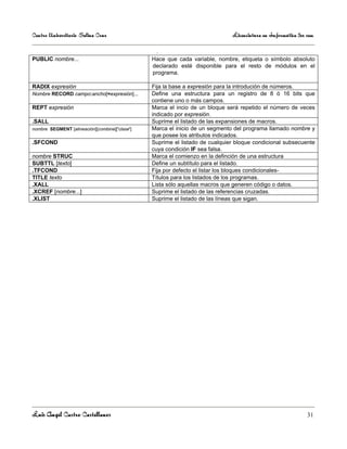 Centro Universitario Salina Cruz                                              Licenciatura en Informática 3er sem

                                                  .
PUBLIC nombre...                                Hace que cada variable, nombre, etiqueta o símbolo absoluto
                                                declarado esté disponible para el resto de módulos en el
                                                programa.

RADIX expresión                                 Fija la base a expresión para la introdución de números.
Nombre RECORD campo:ancho[=expresión]...        Define una estructura para un registro de 8 ó 16 bits que
                                                contiene uno o más campos.
REPT expresión                                  Marca el incio de un bloque será repetido el número de veces
                                                indicado por expresión.
.SALL                                           Suprime el listado de las expansiones de macros.
nombre SEGMENT [alineación][combine]['clase']   Marca el inicio de un segmento del programa llamado nombre y
                                                que posee los atributos indicados.
.SFCOND                                         Suprime el listado de cualquier bloque condicional subsecuente
                                                cuya condición IF sea falsa.
nombre STRUC                                    Marca el comienzo en la definción de una estructura
SUBTTL [texto]                                  Define un subtítulo para el listado.
.TFCOND                                         Fija por defecto el listar los bloques condicionales-
TITLE texto                                     Títulos para los listados de los programas.
.XALL                                           Lista sólo aquellas macros que generen código o datos.
.XCREF [nombre...]                              Suprime el listado de las referencias cruzadas.
.XLIST                                          Suprime el listado de las líneas que sigan.




Luis Angel Castro Castellanos                                                                                 31
 