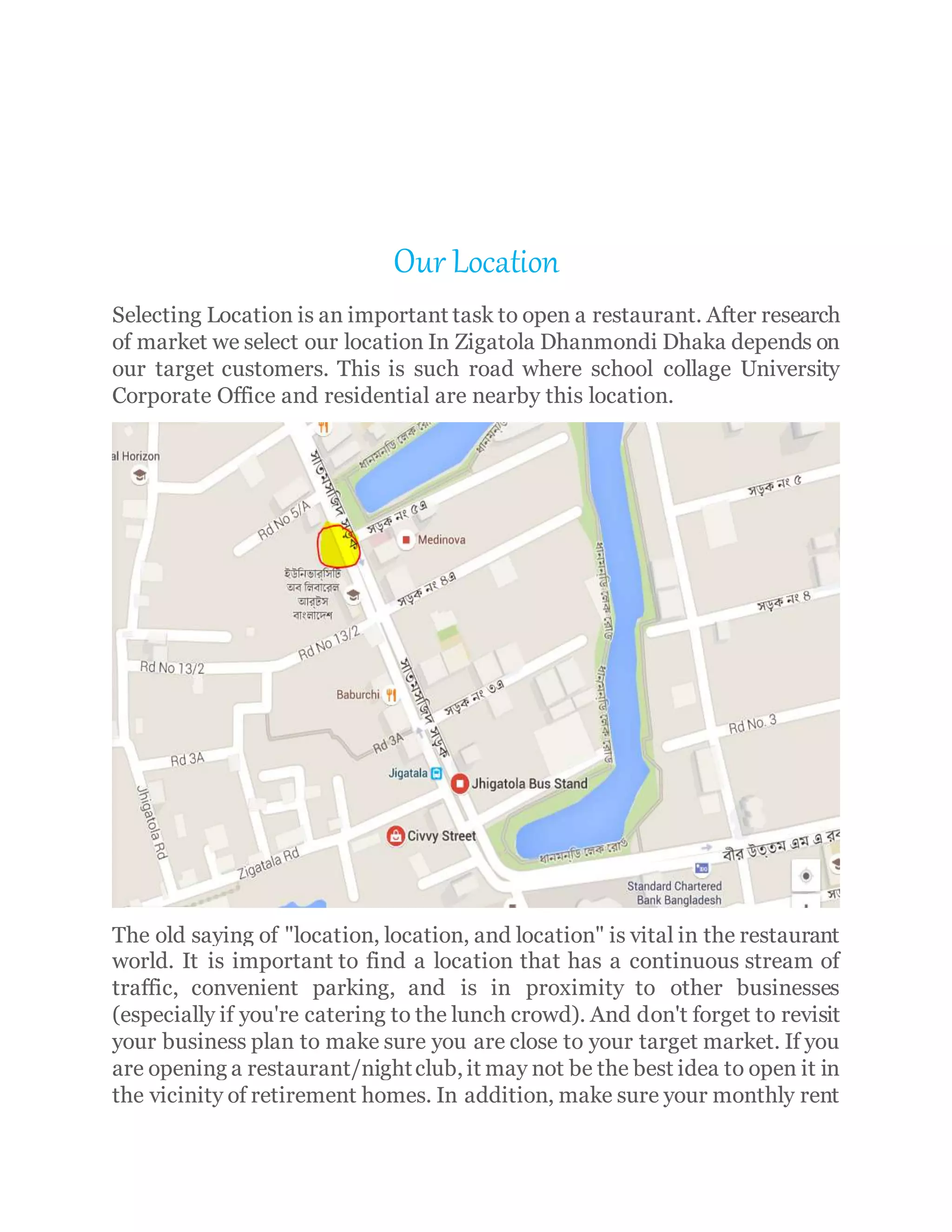 Our Location
Selecting Location is an important task to open a restaurant. After research
of market we select our location In Zigatola Dhanmondi Dhaka depends on
our target customers. This is such road where school collage University
Corporate Office and residential are nearby this location.
The old saying of "location, location, and location" is vital in the restaurant
world. It is important to find a location that has a continuous stream of
traffic, convenient parking, and is in proximity to other businesses
(especially if you're catering to the lunch crowd). And don't forget to revisit
your business plan to make sure you are close to your target market. If you
are opening a restaurant/nightclub, it may not be the best idea to open it in
the vicinity of retirement homes. In addition, make sure your monthly rent
 