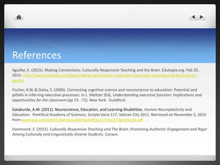 References
Aguillar, E. (2015). Making Connections: Culturally Responsive Teaching and the Brain. Edutopia.org. Feb 25,
2015. http://www.edutopia.org/blog/making-connections-culturally-responsive-teaching-and-brain-elena-
aguilar
Fischer, K.W. & Daley, S. (2006). Connecting cognitive science and neuroscience to education: Potential and
pitfalls in inferring executive processes. In L. Meltzer (Ed), Understanding executive function: Implications and
opportunities for the classroom (pp 55 - 72). New York: Guildford.
Galaburda, A.M. (2011). Neuroscience, Education, and Learning Disabilities. Human Neuroplasticity and
Education. Pontifical Academy of Sciences, Scripta Varia 117, Vatican City 2011. Retrieved on November 5, 2015
from www.pas.va/content/dam/accademia/pdf/sv117/sv117-galaburda.pdf
Hammond. Z. (2015). Culturally Responsive Teaching and The Brain: Promoting Authentic Engagement and Rigor
Among Culturally and Linguistically Diverse Students. Corwin.
 