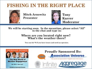 FISHING IN THE RIGHT PLACE
           Mitch Arnowitz                                   Tony
           Presenter                                        Karrer
                                                            Moderator
We will be starting soon. In the meantime, please select “All”
                   in the chat and type in:

          Where are you located right now?
             What’s the weather there?
             You can hit *0 if you have issues and need an operator.




                                     Proudly Sponsored By:
 