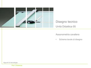 Disegno tecnico
Unità Didattica 05
Appunti di tecnologia
Prof. Chiarenza
Assonometria cavaliera
• Schema tavole di disegno
 