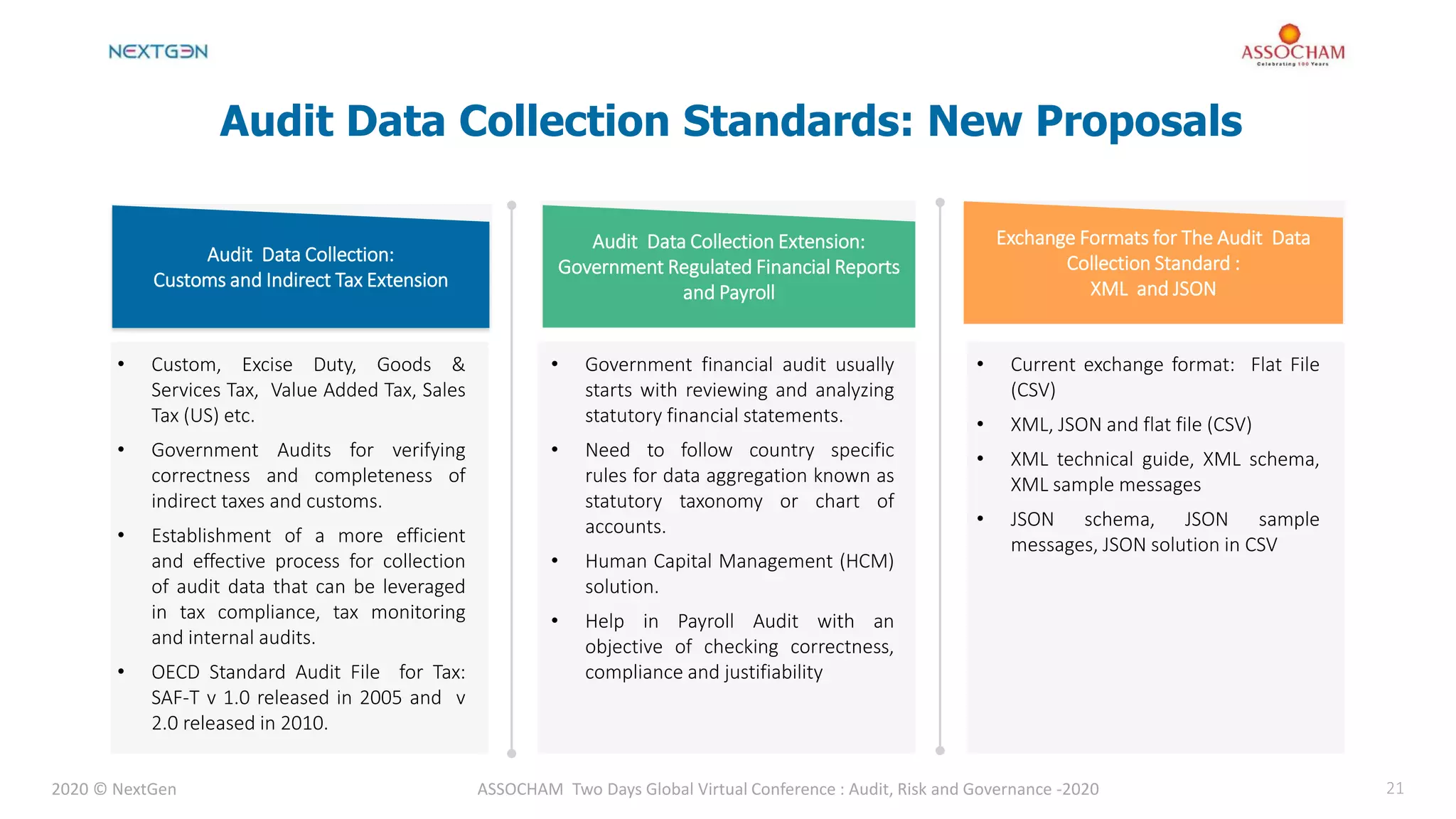 2020 © NextGen ASSOCHAM Two Days Global Virtual Conference : Audit, Risk and Governance -2020 21
Audit Data Collection Standards: New Proposals
• Custom, Excise Duty, Goods &
Services Tax, Value Added Tax, Sales
Tax (US) etc.
• Government Audits for verifying
correctness and completeness of
indirect taxes and customs.
• Establishment of a more efficient
and effective process for collection
of audit data that can be leveraged
in tax compliance, tax monitoring
and internal audits.
• OECD Standard Audit File for Tax:
SAF-T v 1.0 released in 2005 and v
2.0 released in 2010.
Audit Data Collection Extension:
Government Regulated Financial Reports
and Payroll
Audit Data Collection:
Customs and Indirect Tax Extension
Exchange Formats for The Audit Data
Collection Standard :
XML and JSON
• Government financial audit usually
starts with reviewing and analyzing
statutory financial statements.
• Need to follow country specific
rules for data aggregation known as
statutory taxonomy or chart of
accounts.
• Human Capital Management (HCM)
solution.
• Help in Payroll Audit with an
objective of checking correctness,
compliance and justifiability
• Current exchange format: Flat File
(CSV)
• XML, JSON and flat file (CSV)
• XML technical guide, XML schema,
XML sample messages
• JSON schema, JSON sample
messages, JSON solution in CSV
 