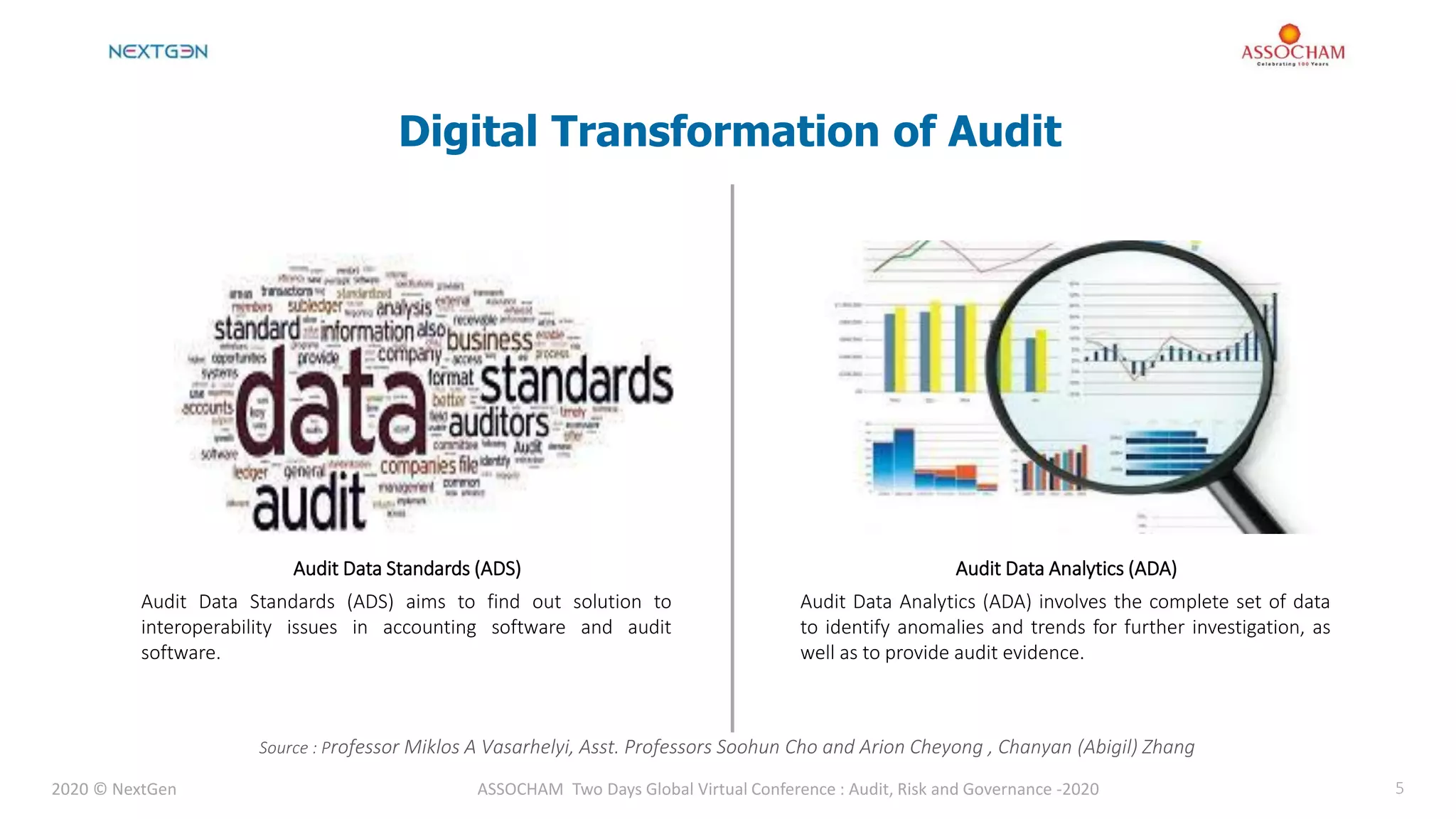 2020 © NextGen ASSOCHAM Two Days Global Virtual Conference : Audit, Risk and Governance -2020 5
Audit Data Standards (ADS)
Audit Data Standards (ADS) aims to find out solution to
interoperability issues in accounting software and audit
software.
Audit Data Analytics (ADA)
Audit Data Analytics (ADA) involves the complete set of data
to identify anomalies and trends for further investigation, as
well as to provide audit evidence.
Digital Transformation of Audit
Source : Professor Miklos A Vasarhelyi, Asst. Professors Soohun Cho and Arion Cheyong , Chanyan (Abigil) Zhang
 