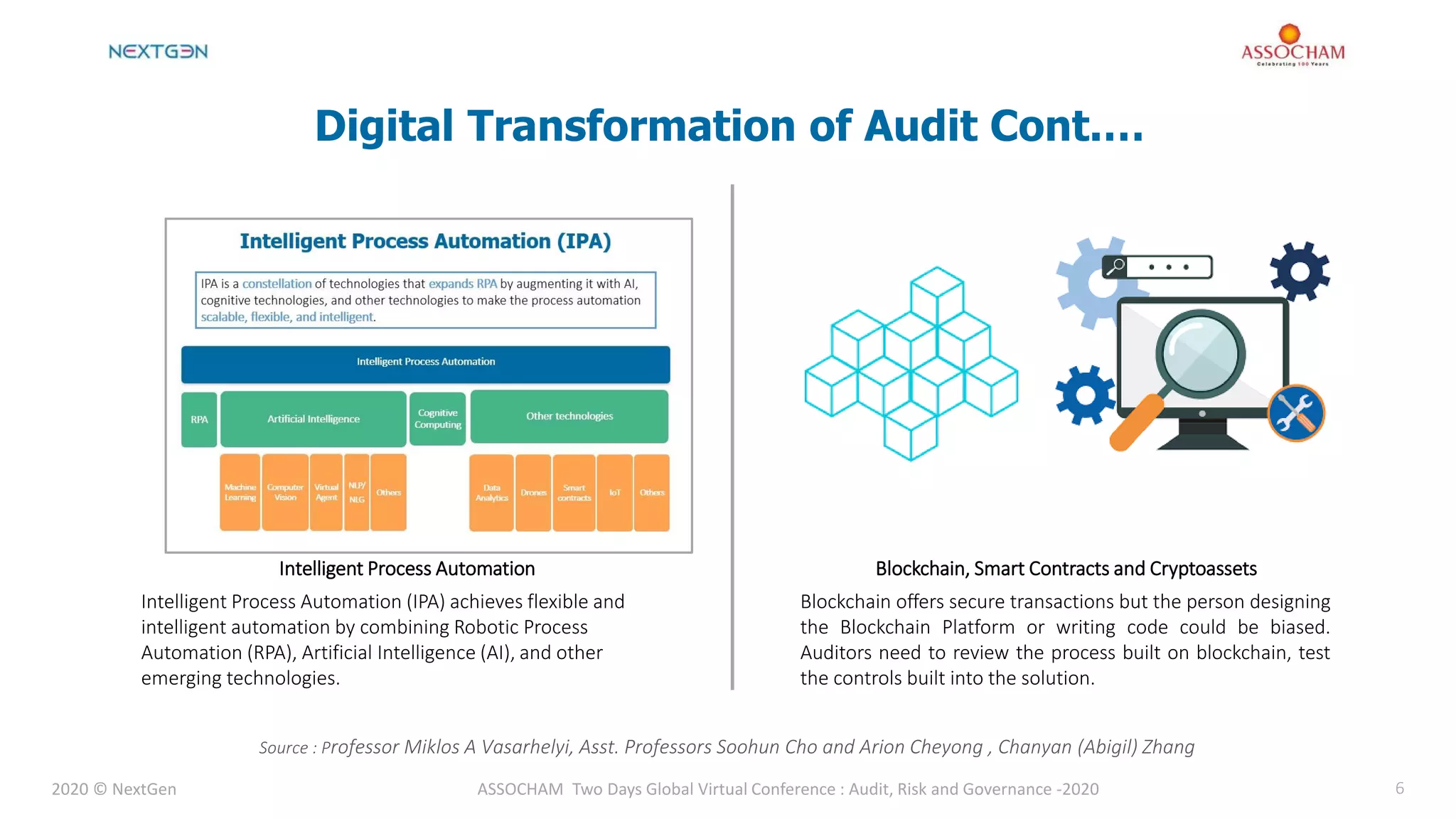 2020 © NextGen ASSOCHAM Two Days Global Virtual Conference : Audit, Risk and Governance -2020 6
Digital Transformation of Audit Cont.…
Source : Professor Miklos A Vasarhelyi, Asst. Professors Soohun Cho and Arion Cheyong , Chanyan (Abigil) Zhang
Intelligent Process Automation
Intelligent Process Automation (IPA) achieves flexible and
intelligent automation by combining Robotic Process
Automation (RPA), Artificial Intelligence (AI), and other
emerging technologies.
Blockchain, Smart Contracts and Cryptoassets
Blockchain offers secure transactions but the person designing
the Blockchain Platform or writing code could be biased.
Auditors need to review the process built on blockchain, test
the controls built into the solution.
 
