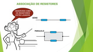 ASSOCIAÇÃO DE RESISTORES
SÉRIE
PARALELO
OBSERVEM COMO
OS RESISTORES
ESTÃO LIGADOS.
 