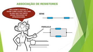 SÉRIE
PARALELO
ASSOCIAÇÃO DE RESISTORES
MEU NOME É RAQUEL E
ASSIM COMO VOCÊS, SOU UMA
ALUNA QUE FAZ PARTE
DESSE PROCESSO DE
APRENDIZAGEM.
 