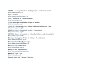 ABONG - Associação Brasileira das Organizações Não Governamentais
http://www.abong.org.br
Ação Educativa
http://www.acaoeducativa.org.br
AMA - Associação de Amigos do Autista
http://www.ama.org.br
ANDI - Agência de Notícias dos Direitos da Infância
http://www.andi.org.br/
APAE-SP - Associação de Pais e Amigos dos Excepcionais de São Paulo
http://www.apaesp.org.br
CEBRAP - Centro Brasileiro de Análise e Planejamento
http://www.cebrap.org.br
CENPEC - Centro de Pesquisas em Educação, Cultura e Ação Comunitária
http://www.cenpec.org.br
Fundação Abrinq pelos Direitos da Criança e do Adolescente
http://www.fundabrinq.org.br
Fundação Dorina Nowill para Cegos
http://www.fundacaodorina.org.br
Fundação Educar DPaschoal
http://www.educar.com.br
Fundação SOS Mata Atlântica
http://www.sosmatatlantica.org.br
Fundação Victor Civita
http://fvc.abril.com.br
Instituto Akatu pelo Consumo Consciente
 