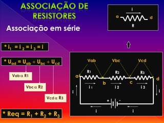 i
                                                            a                 d
                                                                    R
 Associação em série

* i1 = i 2 = i 3 = i

* Uad = Uab      Ubc    Ucd               Vab              Vbc          Vcd

                                          R1                R2          R3
    Vab   R1                          a
                                                                                  d
                                                   b                c
           Vbc   R2                       i1                i2           i3
                                  i                                               i
                       Vcd   R3                                 -
                                                       +

                                               i                    i
* Req = R1 + R2 + R3
 