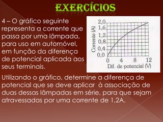 4 – O gráfico seguinte
representa a corrente que
passa por uma lâmpada,
para uso em automóvel,
em função da diferença
de potencial aplicada aos
seus terminais.
Utilizando o gráfico, determine a diferença de
potencial que se deve aplicar à associação de
duas dessas lâmpadas em série, para que sejam
atravessadas por uma corrente de 1,2A.
 