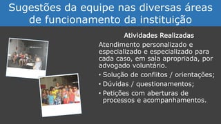 Atividades Realizadas
Atendimento personalizado e
especializado e especializado para
cada caso, em sala apropriada, por
advogado voluntário.
• Solução de conflitos / orientações;
• Dúvidas / questionamentos;
• Petições com aberturas de
processos e acompanhamentos.
Sugestões da equipe nas diversas áreas
de funcionamento da instituição
 