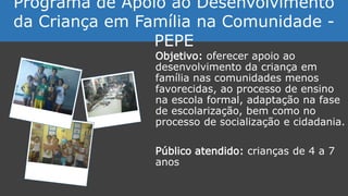 Objetivo: oferecer apoio ao
desenvolvimento da criança em
família nas comunidades menos
favorecidas, ao processo de ensino
na escola formal, adaptação na fase
de escolarização, bem como no
processo de socialização e cidadania.
Público atendido: crianças de 4 a 7
anos
Programa de Apoio ao Desenvolvimento
da Criança em Família na Comunidade -
PEPE
 