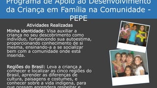 Atividades Realizadas
Minha identidade: Visa auxiliar a
criança no seu descobrimento como
indivíduo, fortalecendo sua autoestima,
proporcionando conhecimento de si
mesma, ensinando-a a se socializar
bem com a comunidade onde está
inserida.
Regiões do Brasil: Leva a criança a
conhecer e localizar as cinco regiões do
Brasil, aprender as diferenças de
cultura, paisagens e costumes, e
conhecer sobre a vida indígena, para
Programa de Apoio ao Desenvolvimento
da Criança em Família na Comunidade -
PEPE
 