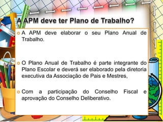  A APM deve elaborar o seu Plano Anual de
Trabalho.
 O Plano Anual de Trabalho é parte integrante do
Plano Escolar e deverá ser elaborado pela diretoria
executiva da Associação de Pais e Mestres,
 Com a participação do Conselho Fiscal e
aprovação do Conselho Deliberativo.
 
