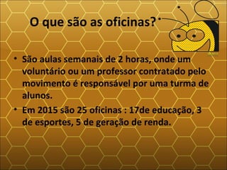 O que são as oficinas?
• São aulas semanais de 2 horas, onde um
voluntário ou um professor contratado pelo
movimento é responsável por uma turma de
alunos.
• Em 2015 são 25 oficinas : 17de educação, 3
de esportes, 5 de geração de renda.
 