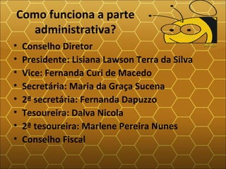 Como funciona a parte
administrativa?
• Conselho Diretor
• Presidente: Lisiana Lawson Terra da Silva
• Vice: Fernanda Curi de Macedo
• Secretária: Maria da Graça Sucena
• 2ª secretária: Fernanda Dapuzzo
• Tesoureira: Dalva Nicola
• 2ª tesoureira: Marlene Pereira Nunes
• Conselho Fiscal
 