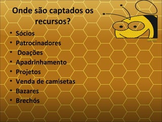 Onde são captados os
recursos?
• Sócios
• Patrocinadores
• Doações
• Apadrinhamento
• Projetos
• Venda de camisetas
• Bazares
• Brechós
 