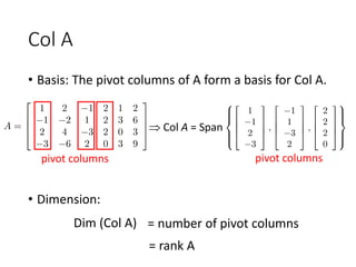 Col A
• Basis: The pivot columns of A form a basis for Col A.
• Dimension:
 Col A = Span
pivot columns pivot columns
Dim (Col A) = number of pivot columns
= rank A
 