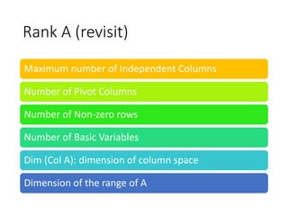 Rank A (revisit)
Maximum number of Independent Columns
Number of Pivot Columns
Number of Non-zero rows
Number of Basic Variables
Dim (Col A): dimension of column space
Dimension of the range of A
 
