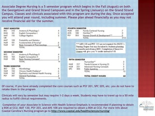 Associate Degree Nursing is a 5 semester program which begins in the Fall (August) on both
the Georgetown and Grand Strand Campuses and in the Spring (January) on the Grand Strand
Campus. Classes and clinicals associated with this program are during the day. Once accepted
you will attend year round, including summer. Please plan ahead financially as you may not
receive financial aid for the summer.
Of course, if you have already completed the core courses such as PSY 201, SPC 205, etc. you do not have to
retake them in the program
Clinicals will vary by semester but may require 1-2 days a week. Students may have to travel up to a 50 mile
radius to fulfill clinical requirements.
Completion of your Associate in Science with Health Science Emphasis is recommended if planning to obtain
a BSN at CCU. MAT 120, PSY 203, and AHS 108 are required to obtain a BSN at CCU. For more info about
Coastal Carolina’s Nursing program go to http://www.coastal.edu/healthsciences/nursing/
 