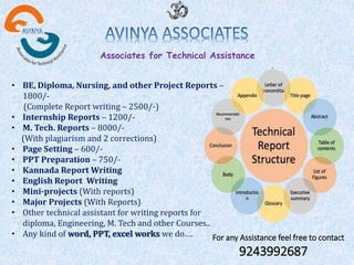Shri Veerabhadreshwara Prasanna Om Namo Lakshmi Venkateshwaraya Namaha
• BE, Diploma, Nursing, and other Project Reports –
1800/-
(Complete Report writing – 2500/-)
• Internship Reports – 1200/-
• M. Tech. Reports – 8000/-
(With plagiarism and 2 corrections)
• Page Setting – 600/-
• PPT Preparation – 750/-
• Kannada Report Writing
• English Report Writing
• Mini-projects (With reports)
• Major Projects (With Reports)
• Other technical assistant for writing reports for
diploma, Engineering, M. Tech and other Courses..
• Any kind of word, PPT, excel works we do…. For any Assistance feel free to contact
9243992687
Associates for Technical Assistance
 