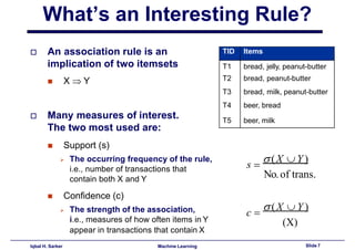 What’s an Interesting Rule?
 An association rule is an TID Items
implication of two itemsets
◼ X  Y
T1
T2
T3
T4
T5
bread, jelly, peanut-butter
bread, peanut-butter
bread, milk, peanut-butter
beer, bread
beer, milk
 Many measures of interest.
The two most used are:
◼ Support (s)
➢ The occurring frequency of the rule,
i.e., number of transactions that
contain both X and Y
s =
(X Y)
No.of trans.
◼ Confidence (c)
➢ The strength of the association,
i.e., measures of how often items in Y
Slide 7
Iqbal H. Sarker Machine Learning
appear in transactions that contain X
c =
(X  Y )
(X)
 