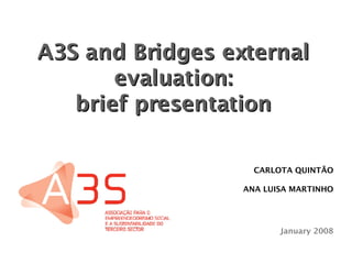 CARLOTA QUINTÃO ANA LUISA MARTINHO January 2008 A3S and Bridges external evaluation: brief presentation 