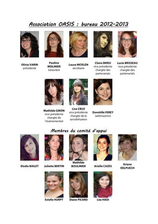 Association OASIS : bureau 2012-2013
Membres du comité d’appui
 