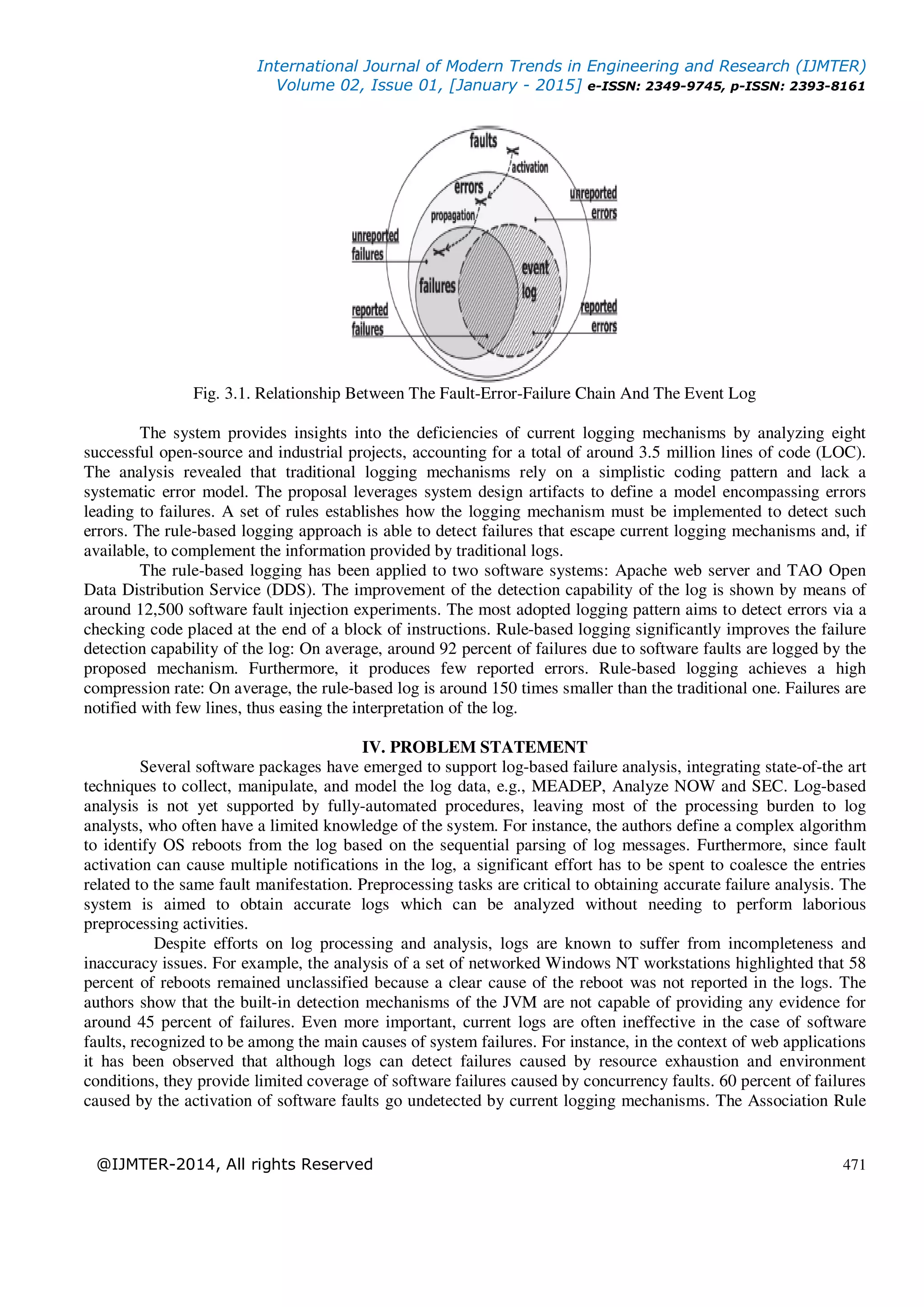 International Journal of Modern Trends in Engineering and Research (IJMTER)
Volume 02, Issue 01, [January - 2015] e-ISSN: 2349-9745, p-ISSN: 2393-8161
@IJMTER-2014, All rights Reserved 471
Fig. 3.1. Relationship Between The Fault-Error-Failure Chain And The Event Log
The system provides insights into the deficiencies of current logging mechanisms by analyzing eight
successful open-source and industrial projects, accounting for a total of around 3.5 million lines of code (LOC).
The analysis revealed that traditional logging mechanisms rely on a simplistic coding pattern and lack a
systematic error model. The proposal leverages system design artifacts to define a model encompassing errors
leading to failures. A set of rules establishes how the logging mechanism must be implemented to detect such
errors. The rule-based logging approach is able to detect failures that escape current logging mechanisms and, if
available, to complement the information provided by traditional logs.
The rule-based logging has been applied to two software systems: Apache web server and TAO Open
Data Distribution Service (DDS). The improvement of the detection capability of the log is shown by means of
around 12,500 software fault injection experiments. The most adopted logging pattern aims to detect errors via a
checking code placed at the end of a block of instructions. Rule-based logging significantly improves the failure
detection capability of the log: On average, around 92 percent of failures due to software faults are logged by the
proposed mechanism. Furthermore, it produces few reported errors. Rule-based logging achieves a high
compression rate: On average, the rule-based log is around 150 times smaller than the traditional one. Failures are
notified with few lines, thus easing the interpretation of the log.
IV. PROBLEM STATEMENT
Several software packages have emerged to support log-based failure analysis, integrating state-of-the art
techniques to collect, manipulate, and model the log data, e.g., MEADEP, Analyze NOW and SEC. Log-based
analysis is not yet supported by fully-automated procedures, leaving most of the processing burden to log
analysts, who often have a limited knowledge of the system. For instance, the authors define a complex algorithm
to identify OS reboots from the log based on the sequential parsing of log messages. Furthermore, since fault
activation can cause multiple notifications in the log, a significant effort has to be spent to coalesce the entries
related to the same fault manifestation. Preprocessing tasks are critical to obtaining accurate failure analysis. The
system is aimed to obtain accurate logs which can be analyzed without needing to perform laborious
preprocessing activities.
Despite efforts on log processing and analysis, logs are known to suffer from incompleteness and
inaccuracy issues. For example, the analysis of a set of networked Windows NT workstations highlighted that 58
percent of reboots remained unclassified because a clear cause of the reboot was not reported in the logs. The
authors show that the built-in detection mechanisms of the JVM are not capable of providing any evidence for
around 45 percent of failures. Even more important, current logs are often ineffective in the case of software
faults, recognized to be among the main causes of system failures. For instance, in the context of web applications
it has been observed that although logs can detect failures caused by resource exhaustion and environment
conditions, they provide limited coverage of software failures caused by concurrency faults. 60 percent of failures
caused by the activation of software faults go undetected by current logging mechanisms. The Association Rule
 