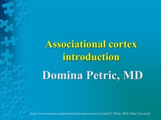 Associational cortex
introduction
Domina Petric, MD
https://www.coursera.org/learn/medical-neuroscience: Leonard E. White, PhD, Duke University
 