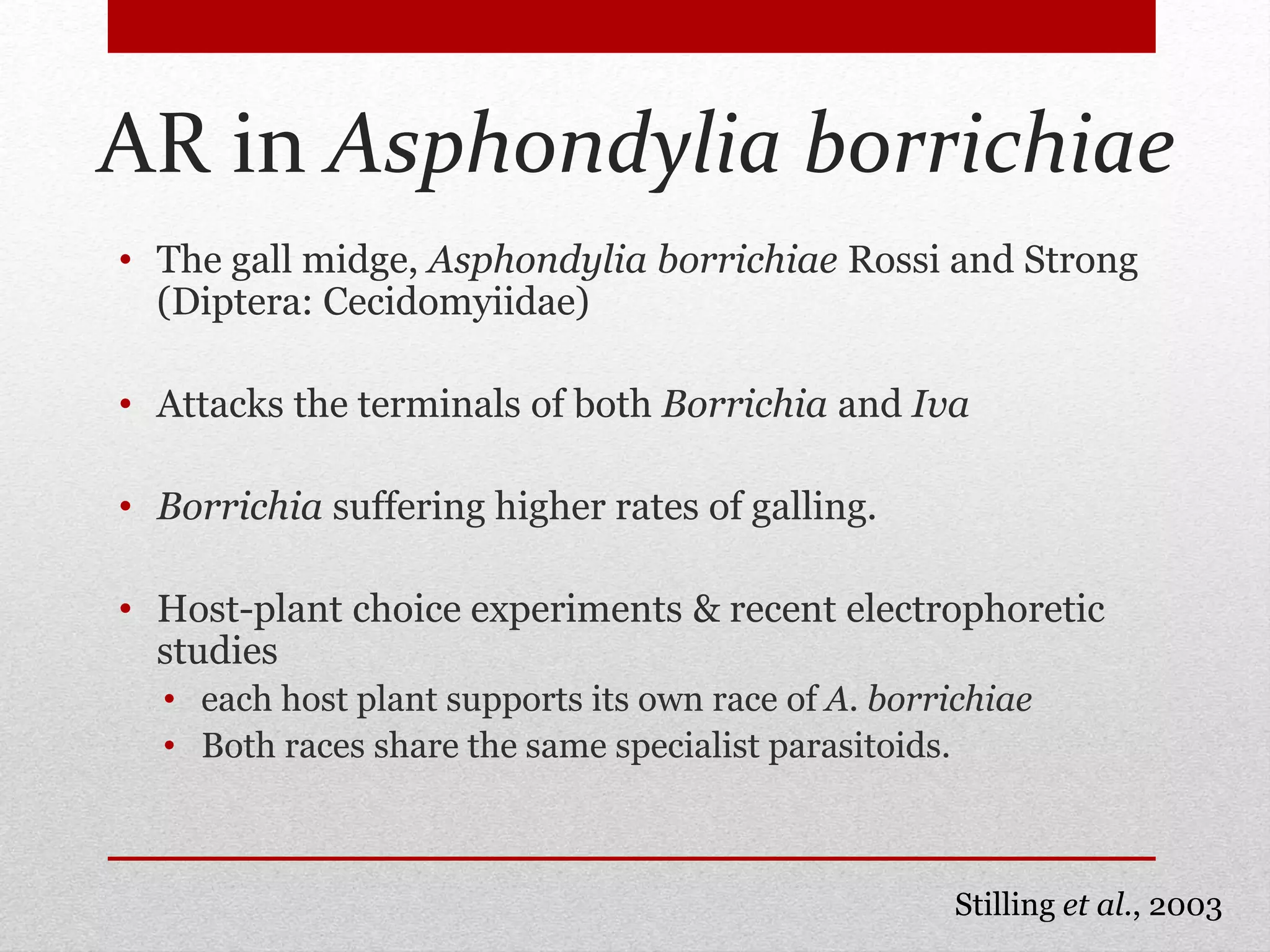AR in Asphondylia borrichiae
• The gall midge, Asphondylia borrichiae Rossi and Strong
(Diptera: Cecidomyiidae)
• Attacks the terminals of both Borrichia and Iva
• Borrichia suffering higher rates of galling.
• Host-plant choice experiments & recent electrophoretic
studies
• each host plant supports its own race of A. borrichiae
• Both races share the same specialist parasitoids.
Stilling et al., 2003
 