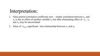 Interpretation:
1. Value partial correlation coefficient zero – simple correlation between x1 and
x2 is due to effect of another variable x3 but after eliminating effect of x3 , x1
and x2 may be uncorrelated
2. Value of 𝑟12.3 significant –true relationship between x1 and x2
 