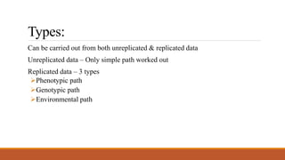 Types:
Can be carried out from both unreplicated & replicated data
Unreplicated data – Only simple path worked out
Replicated data – 3 types
Phenotypic path
Genotypic path
Environmental path
 