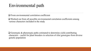 Environmental path
 From environmental correlation coefficient
 Worked out from all possible environmental correlation coefficients among
various characters included in the study
 Genotypic & phenotypic paths estimated to determine yield contributing
characters – useful for plant breeders in selection of elite genotypes from diverse
genetic population
 