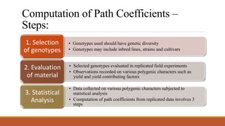 Computation of Path Coefficients –
Steps:
• Genotypes used should have genetic diversity
• Genotypes may include inbred lines, strains and cultivars
1. Selection
of genotypes
• Selected genotypes evaluated in replicated field experiments
• Observations recorded on various polygenic characters such as
yield and yield contributing factors
2. Evaluation
of material
• Data collected on various polygenic characters subjected to
statistical analysis
• Computation of path coefficients from replicated data involves 3
steps
3. Statistical
Analysis
 