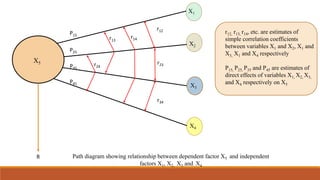 X5
X1
X2
X4
P15
P25
P35
P45
r24
r13
r14
r12
r23
r34
R Path diagram showing relationship between dependent factor X5 and independent
factors X1, X2, X3 and X4
X3
r12, r13, r14, etc. are estimates of
simple correlation coefficients
between variables X1 and X2, X1 and
X3, X1 and X4 respectively
P15, P25, P35 and P45 are estimates of
direct effects of variables X1, X2, X3,
and X4 respectively on X5
 