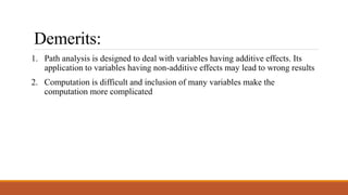 Demerits:
1. Path analysis is designed to deal with variables having additive effects. Its
application to variables having non-additive effects may lead to wrong results
2. Computation is difficult and inclusion of many variables make the
computation more complicated
 
