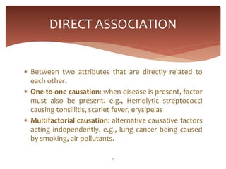 DIRECT ASSOCIATION


 Between two attributes that are directly related to
  each other.
 One-to-one causation: when disease is present, factor
  must also be present. e.g., Hemolytic streptococci
  causing tonsillitis, scarlet fever, erysipelas
 Multifactorial causation: alternative causative factors
  acting independently. e.g., lung cancer being caused
  by smoking, air pollutants.

                            6
 