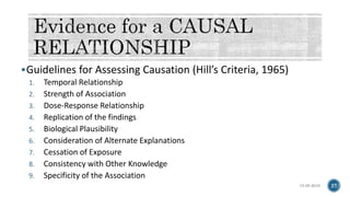 Guidelines for Assessing Causation (Hill’s Criteria, 1965)
1. Temporal Relationship
2. Strength of Association
3. Dose-Response Relationship
4. Replication of the findings
5. Biological Plausibility
6. Consideration of Alternate Explanations
7. Cessation of Exposure
8. Consistency with Other Knowledge
9. Specificity of the Association
15-05-2018 27
 