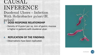 15-05-2018 38
3. DOSE-RESPONSE RELATIONSHIP
• Density of H.pylori per sq. mm of gastric mucosa
is higher in patients with duodenal ulcer.
4. REPLICATION OF THE FINDINGS
• Observations have been replicated.
 
