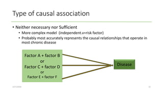 Type of causal association
• Neither necessary nor Sufficient
• More complex model (independent.v=risk factor)
• Probably most accurately represents the causal relationships that operate in
most chronic disease
2/27/2020 22
Factor A + factor B
or
Factor C + factor D
or
Factor E + factor F
Disease
 