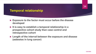 Temporal relationship
 Exposure to the factor must occur before the disease
developed
 It is easy to establish a temporal relationship in a
prospective cohort study than case control and
retrospective cohort
 Length of the interval between the exposure and disease
(asbestos in lung cancer)
12/21/2016
34
 