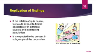 Replication of findings
 If the relationship is causal,
we would expect to find it
consistently in different
studies and in different
population
 It is expected to be present in
subgroups of the population
12/21/2016
39
 